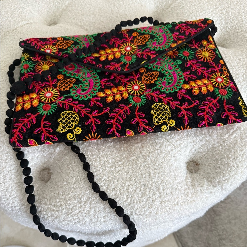 Embroidered Black Floral Envelope Clutch with Beaded Strap